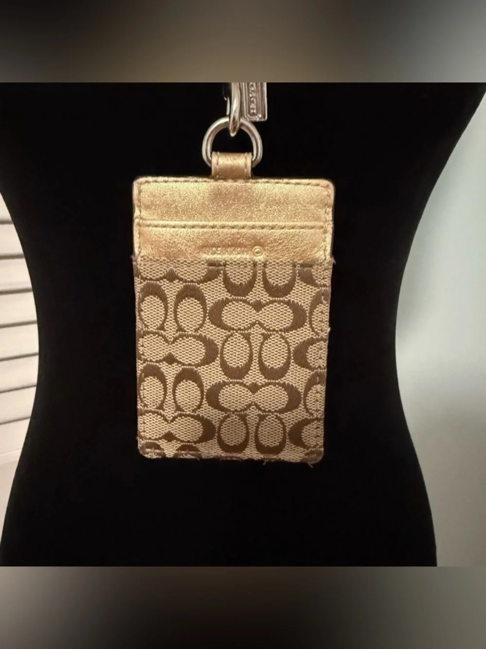 Coach Vintage gold tone Monogram Lanyard ID Holder w original Coach Info card!